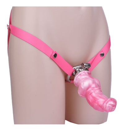 Xscockcage| Metal Inverted Pink Chastity Cage with Removable Animal Dildo (Curve Ring) ChastiDick