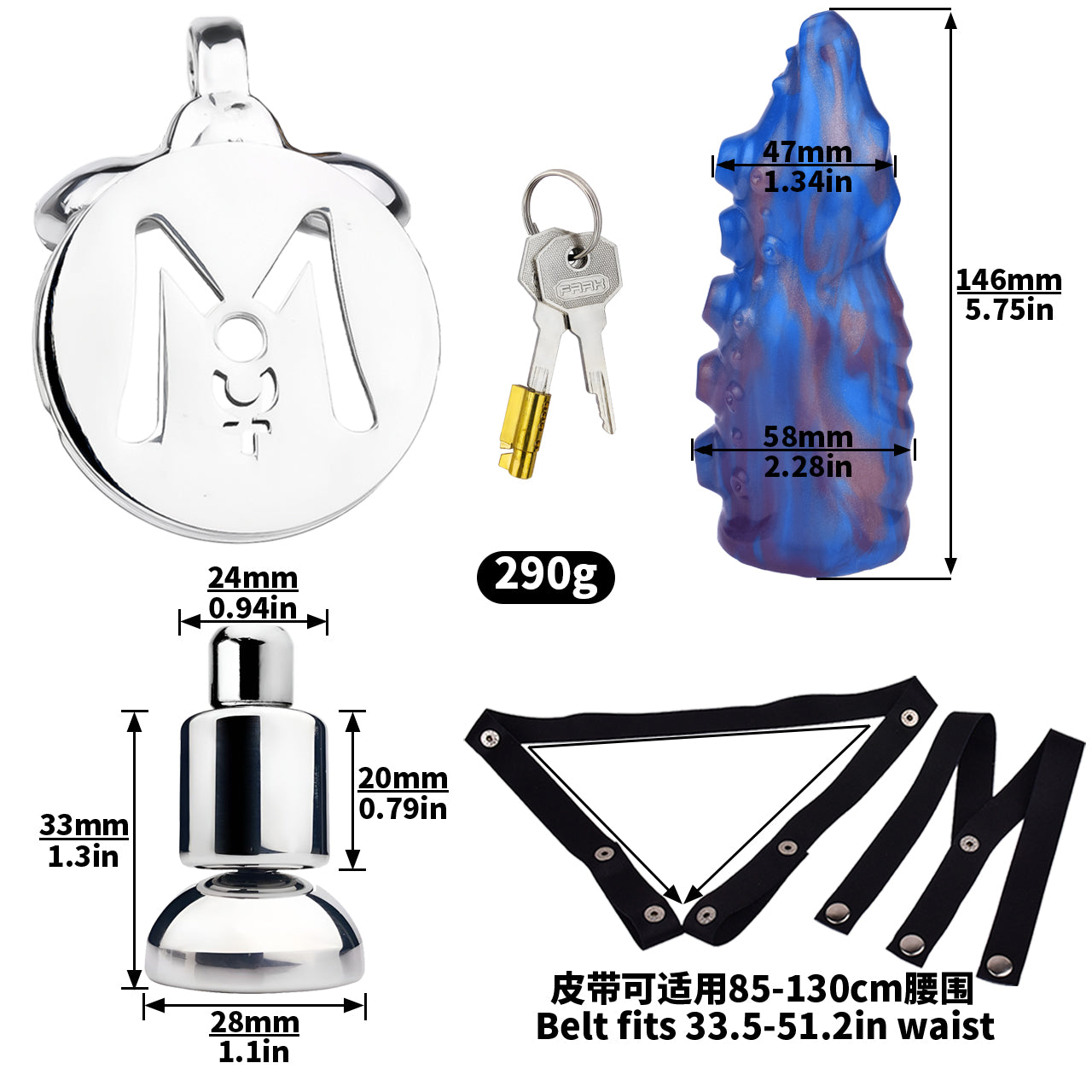 Xscockcage| Metal Inverted Blue Chastity Cage with Removable Animal Dildo (Curve Ring) ChastiDick
