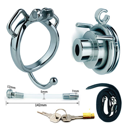 Metal Flat Inverted Chastity Cage with Urethral Tube