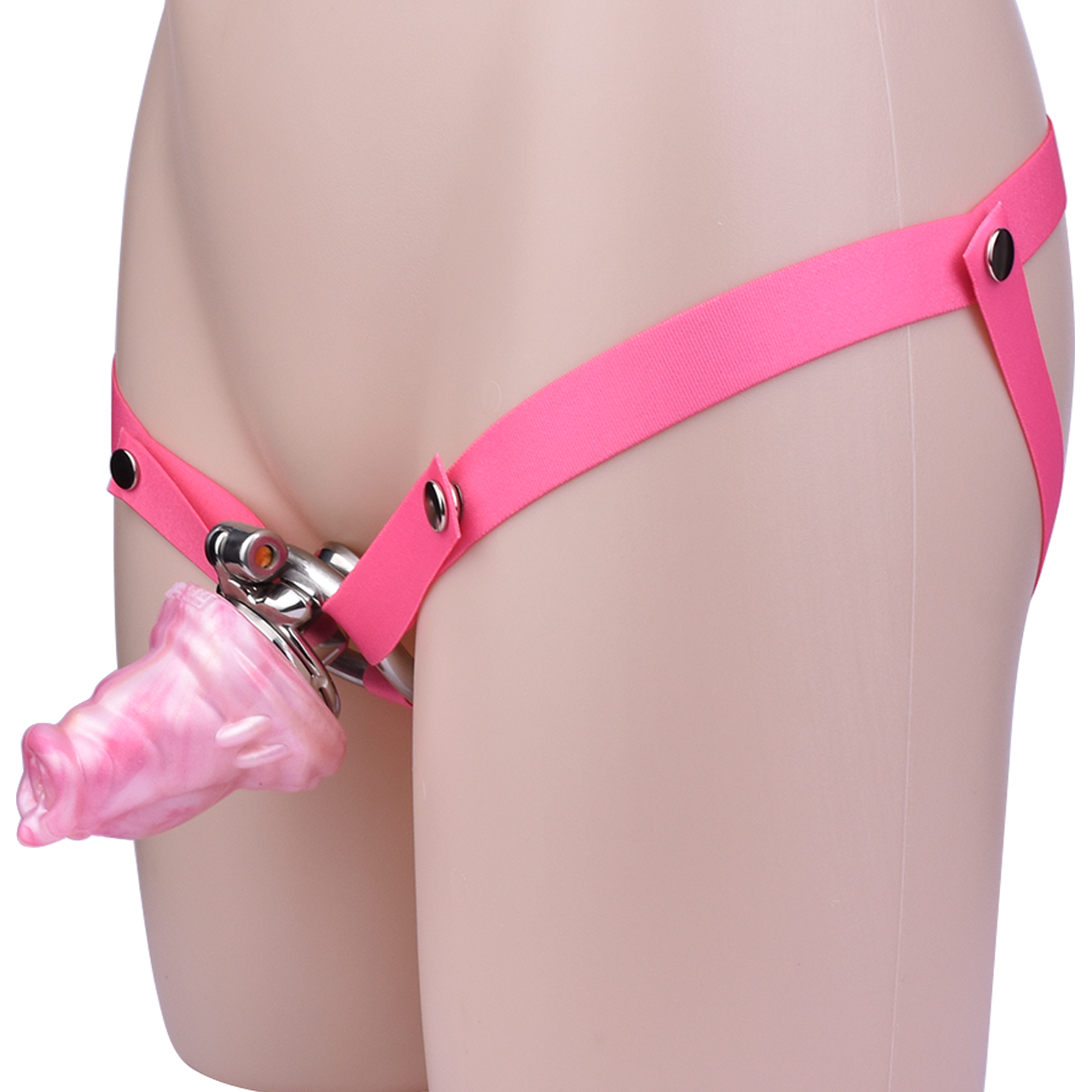 Xscockcage| Metal Inverted Pink Chastity Cage with Removable Animal Dildo (Curve Ring) ChastiDick